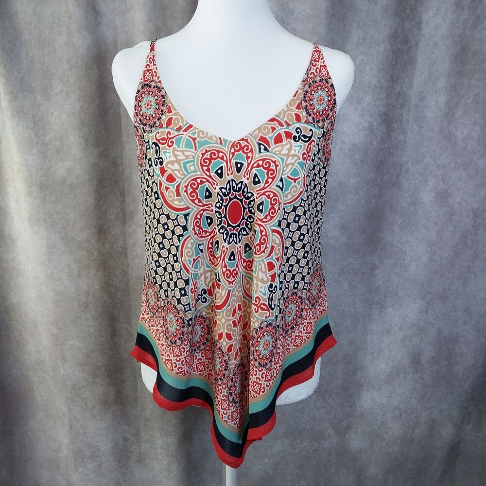 Women’s Boho Paisley Medallion Print Sleeveless Tank Top Handkerchief Hem Size S